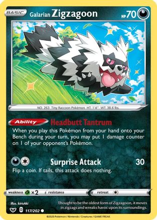 Galarian Zigzagoon 117/202 - Reverse Holofoil SWSH01 Sword & Shield Base Set - Common