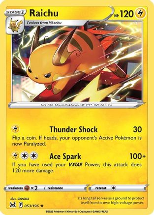 Raichu 053/196 - Reverse Holofoil SWSH11 Lost Origin - Rare
