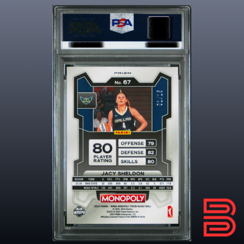 Jacy Sheldon 2024 Prizm Monopoly WNBA #67 Boardwalk Blue /15 Color Match PSA 10