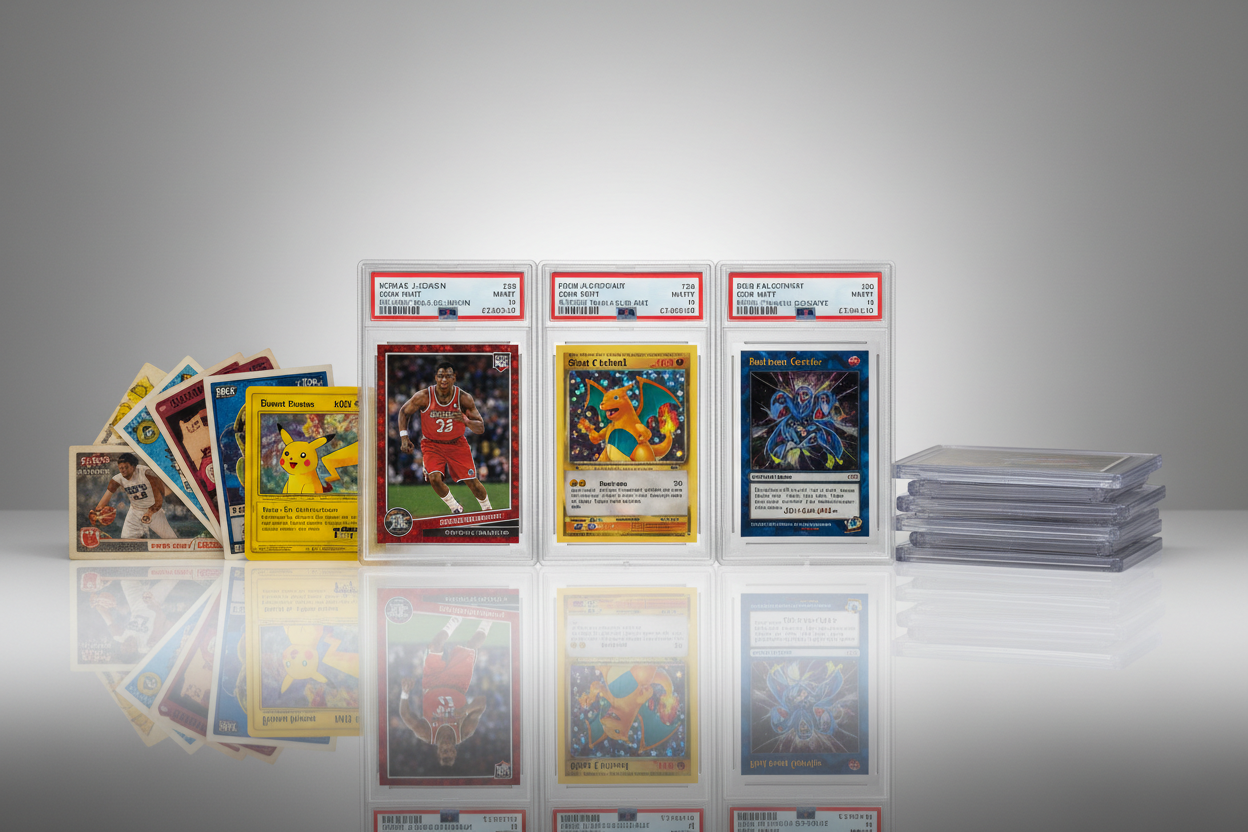 recreate my join the newsletter image, but don't use any text because I have that. Incorporate high end sports cards, pokemon, and psa slabs. Make it modern and clean looking
